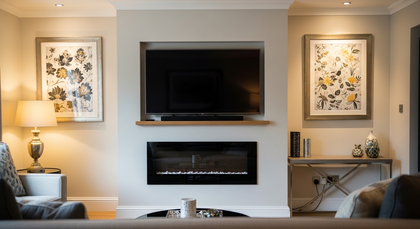 A sleek living room with a flat-screen TV mounted above a modern fireplace