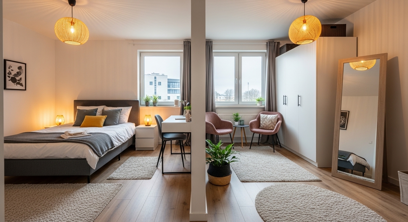 Bedroom organized into zones with a sleeping area, dressing area, and a relaxing reading corner with chairs.