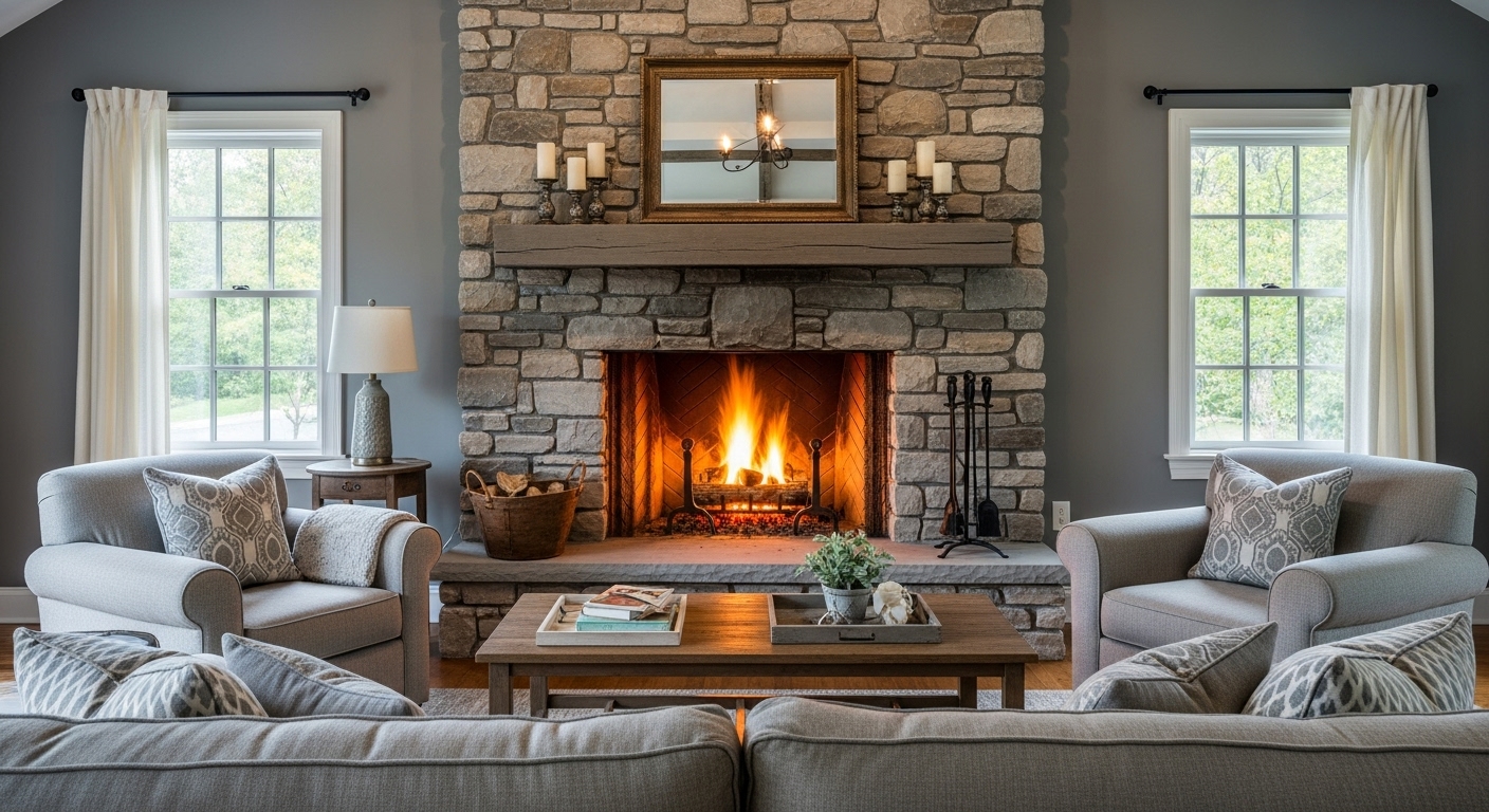 A warm and inviting grey farmhouse living room centered around a stone fireplace, perfect for family gatherings.