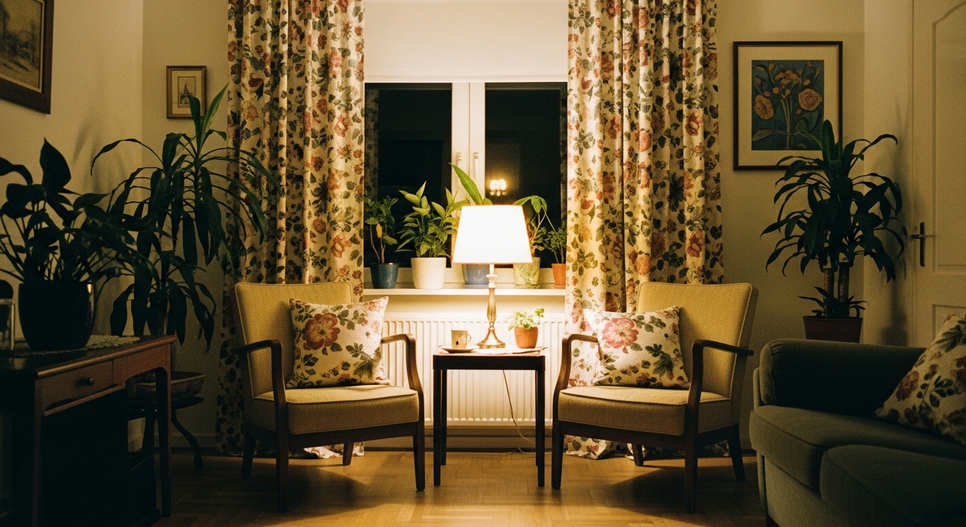  Interior space with elegant floral print curtains and cushions, showcasing traditional decor style