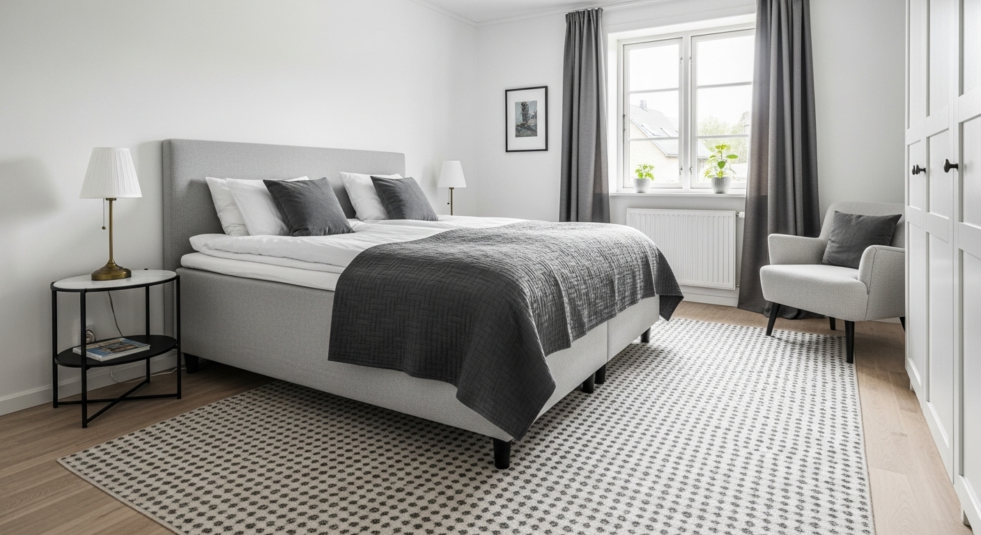A queen bed over a rug with small intricate patterns that enhance the perceived space of the room