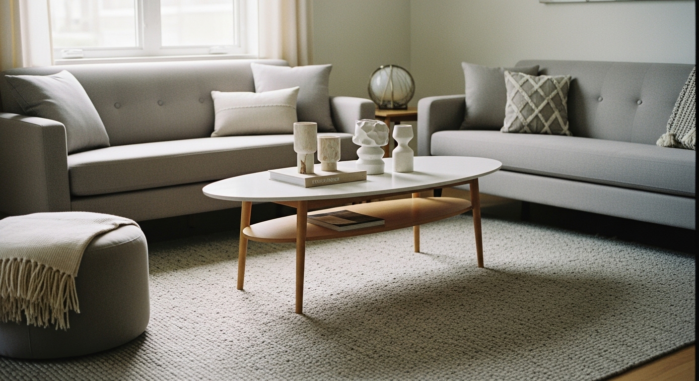 Stylish living room showing two sofas facing each other with a round coffee table and ottoman