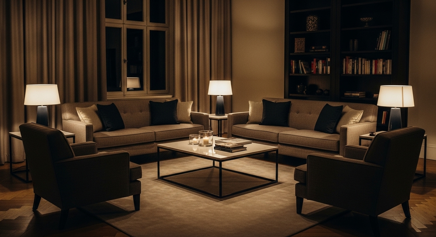 Living room seating arrangement featuring two sofas and two matching chairs for added style