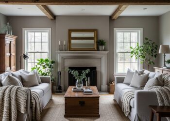 Warm and cozy farmhouse grey rustic living room with natural wood furniture, soft gray tones, vintage decor, and comfortable modern seating for a relaxed home vibe.