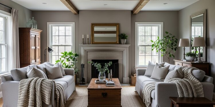 Warm and cozy farmhouse grey rustic living room with natural wood furniture, soft gray tones, vintage decor, and comfortable modern seating for a relaxed home vibe.