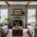 Warm and cozy farmhouse grey rustic living room with natural wood furniture, soft gray tones, vintage decor, and comfortable modern seating for a relaxed home vibe.