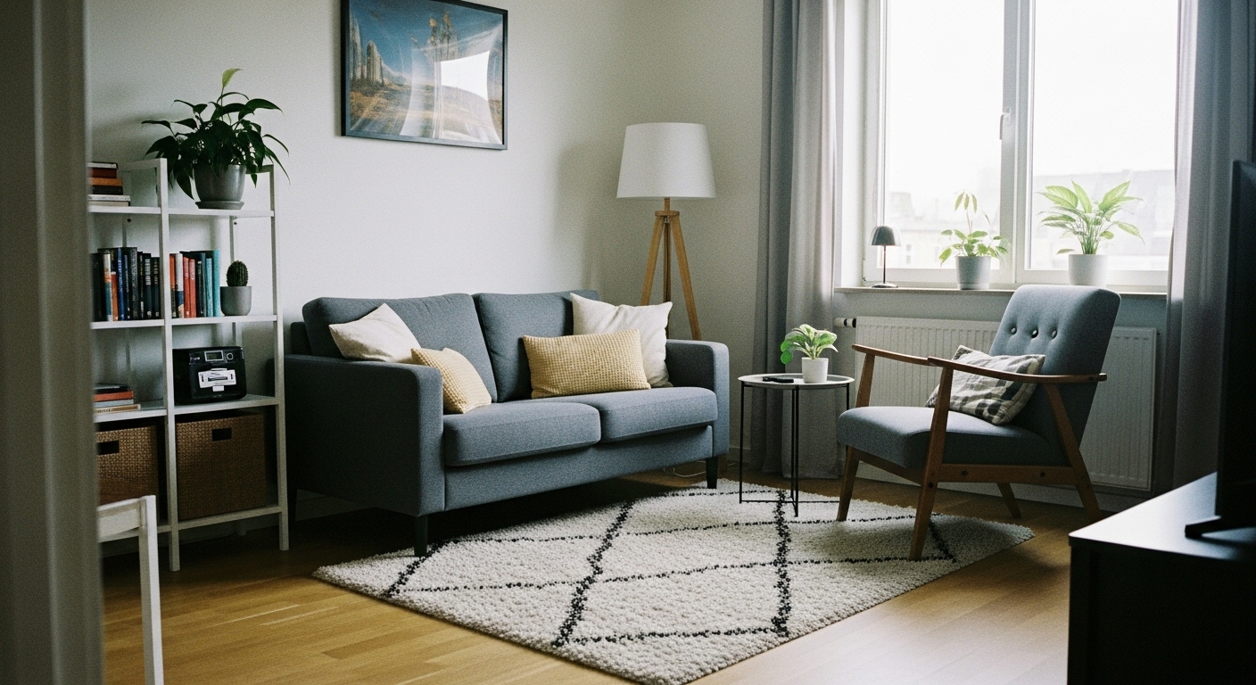 Photo of a stylish small living room with a 5x8 area rug under a compact seating area, optimizing space.