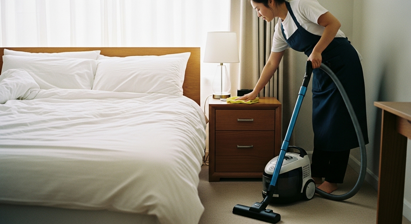 Clean and organized bedroom with fresh linen, vacuumed carpet, and dust-free surfaces for a fresh living space