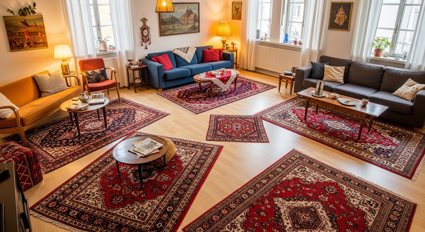 A narrow rectangular room with a proportionally aligned rug, centered to match the room’s symmetry.

