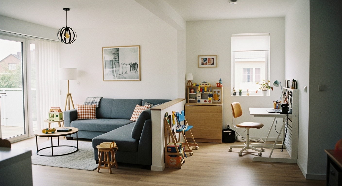 Stylish modern living room featuring freshly rearranged furniture, showcasing a refreshed home layout with natural lighting