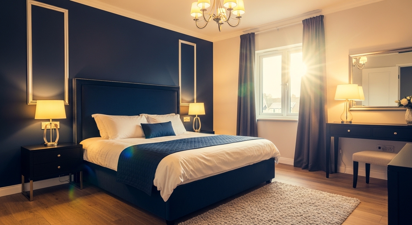 Master bedroom with a bold navy blue accent wall, creating a cozy and elegant sleeping space