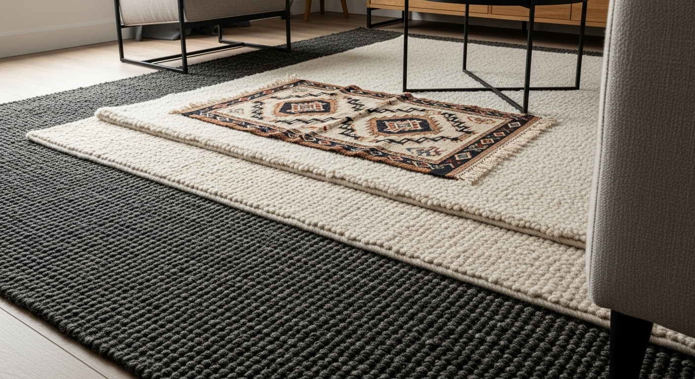 Spacious open-plan room with distinct zones created using area rugs—one for reading and another for conversation