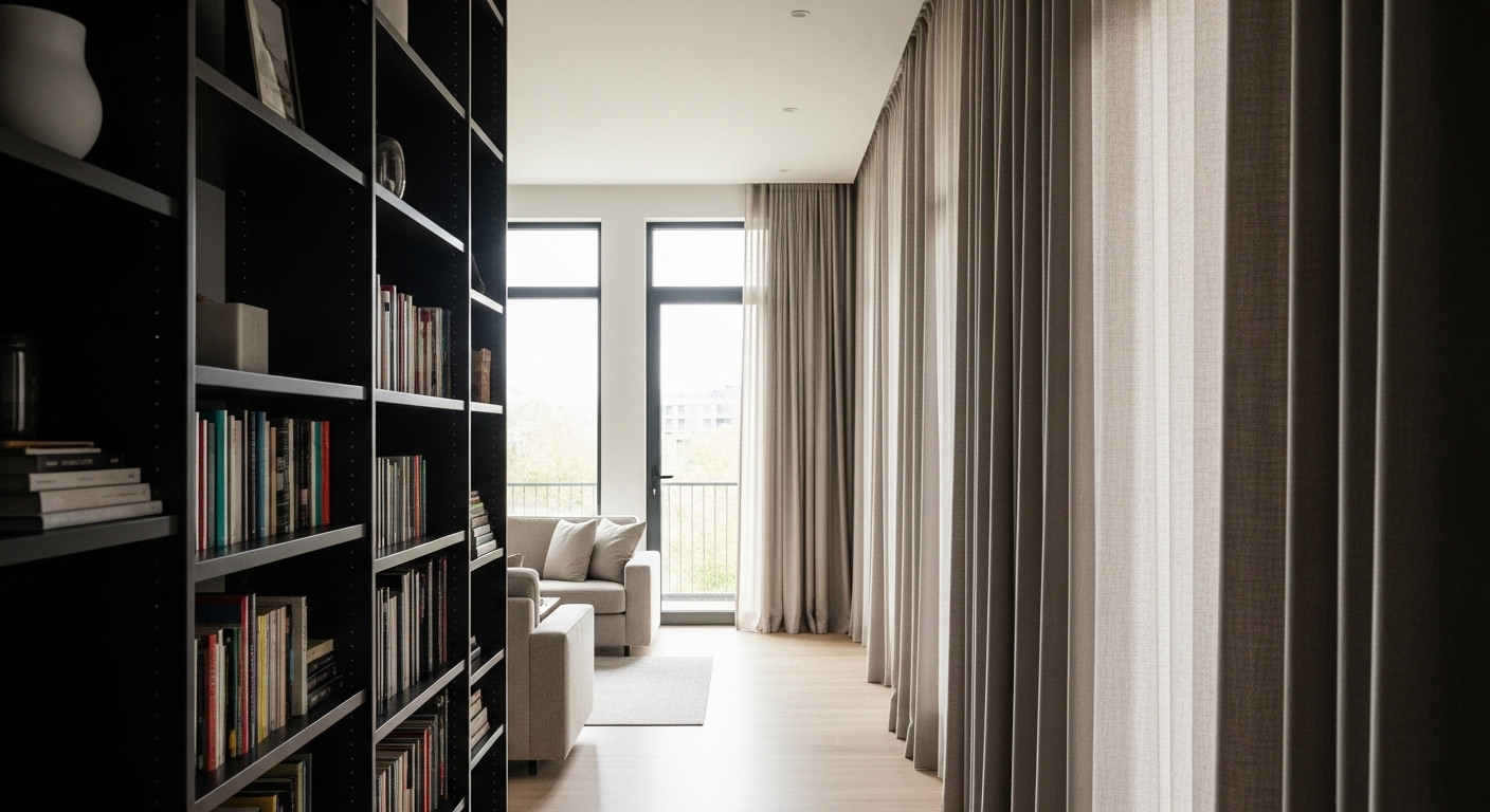 Tall bookshelves and floor-to-ceiling curtains adding vertical depth to a long, narrow living room.