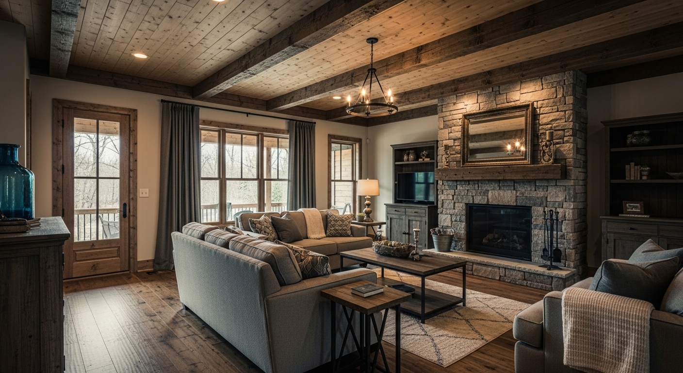A cozy grey rustic living room featuring wooden ceiling beams, hardwood floors, and a stone fireplace, showcasing natural materials.