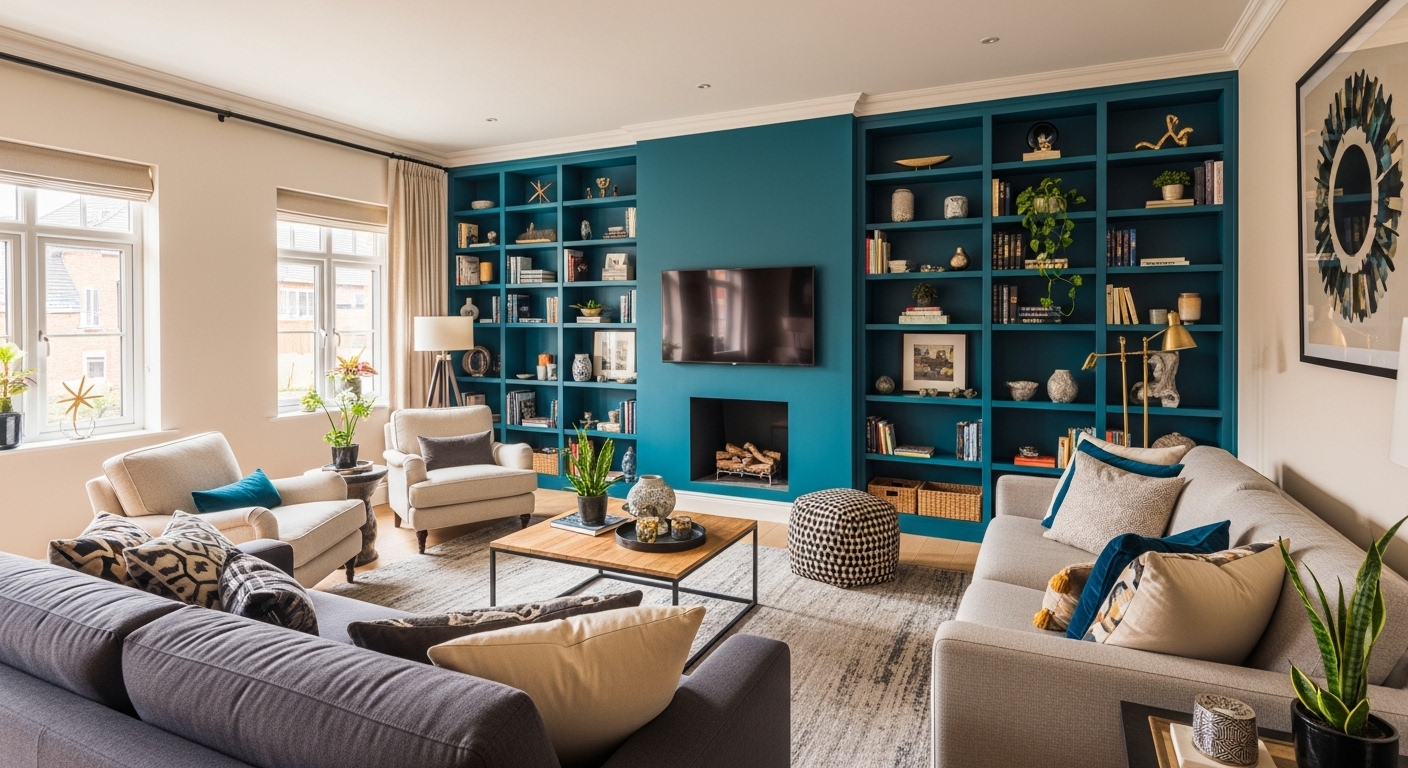 Modern living room with an eye-catching accent wall adding personality and contrast.

