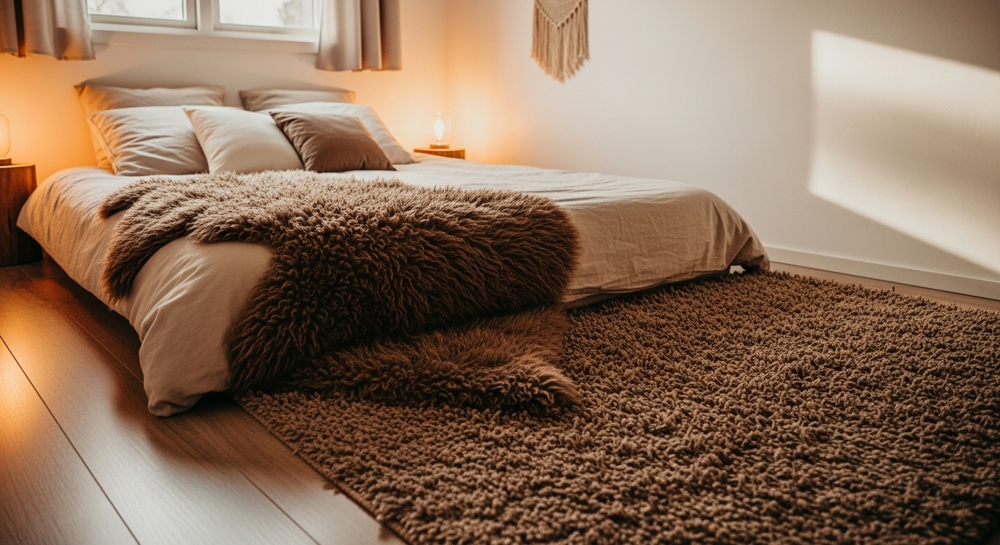 Warm bedroom with a plush fluffy rug partially under a queen bed, creating a cozy and safe feeling in the space.