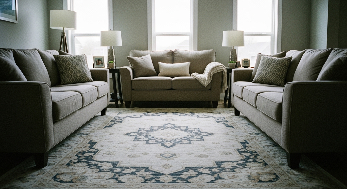 Large area rug connecting two sofas in a stylish and balanced living room setup.