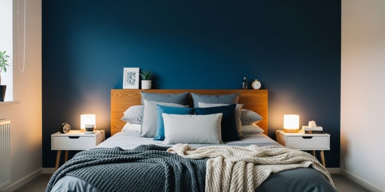 Modern bedroom featuring a navy blue accent wall, minimalist decor, wooden headboard, and soft neutral bedding for home decor inspiration.
