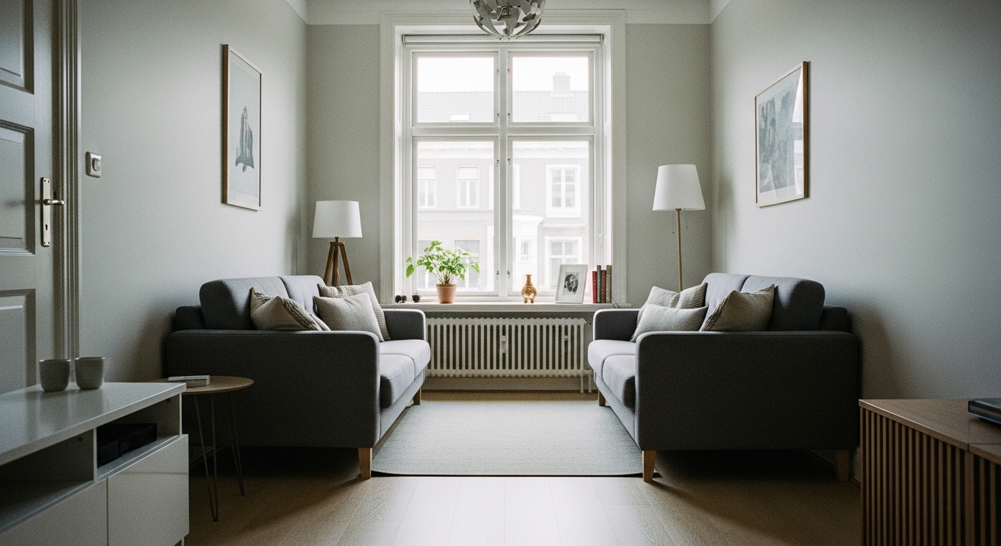 Narrow living room with two parallel sofas facing each other near a large window