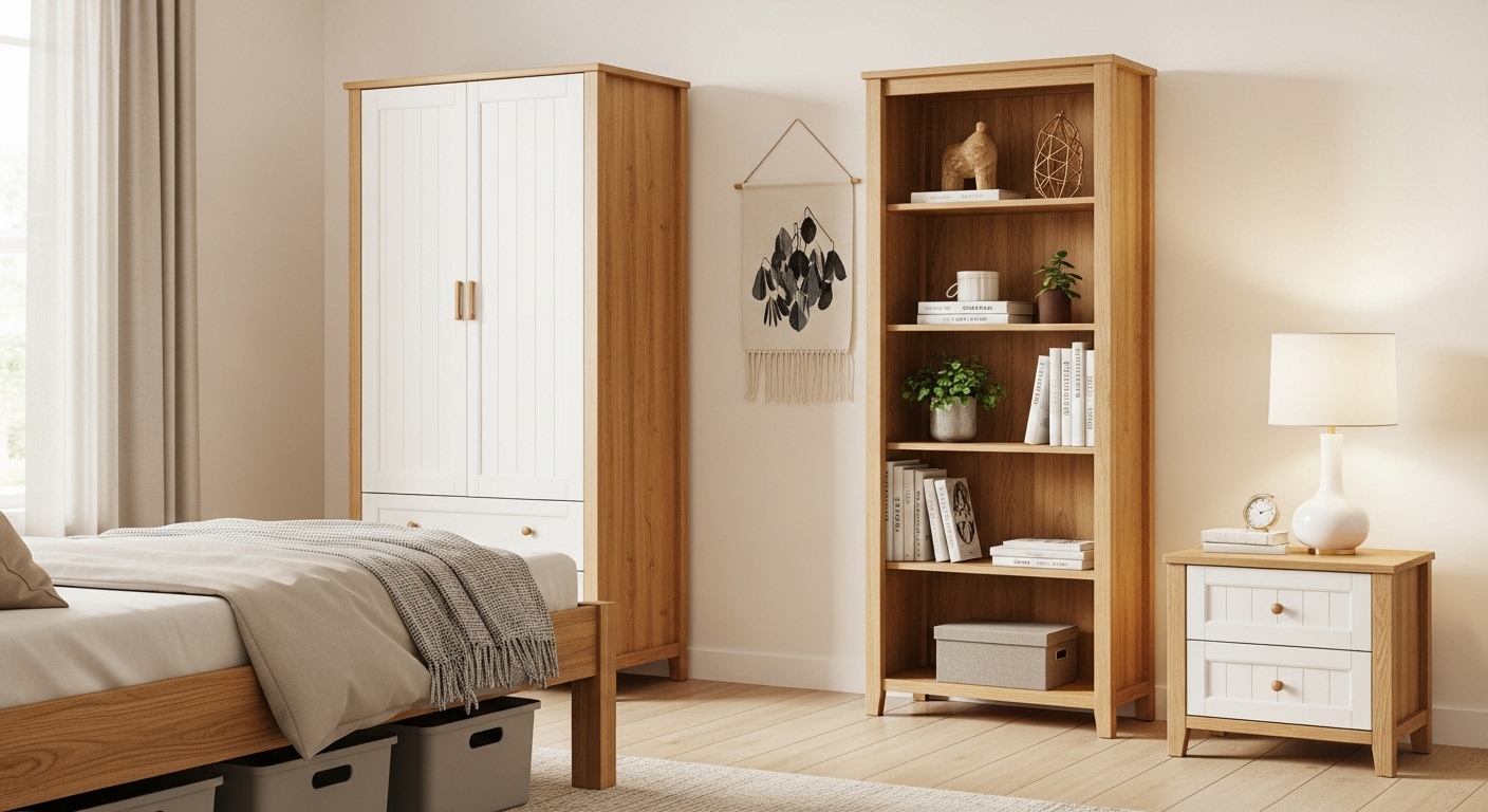 A tidy spare bedroom showing smart storage solutions like an armoire, under-bed bins, bookshelves, and a bedside table with drawers.
