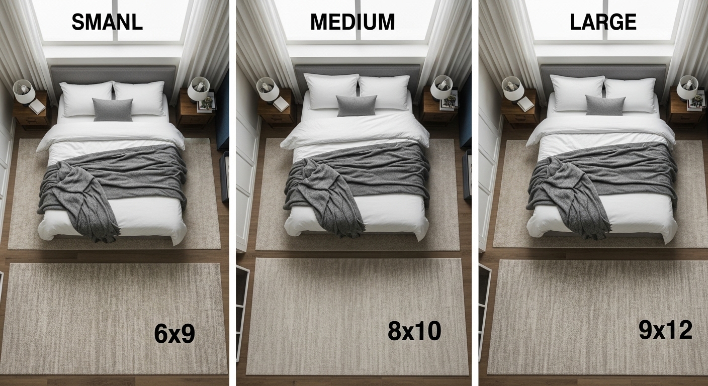 Comparison of different bedroom sizes showing appropriate rug dimensions under queen beds.