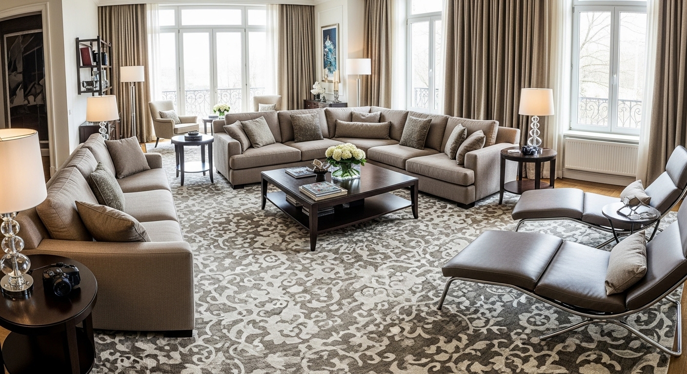 Spacious living room with a 9x12 rug, comfortably hosting an entire furniture set for an elegant look.

