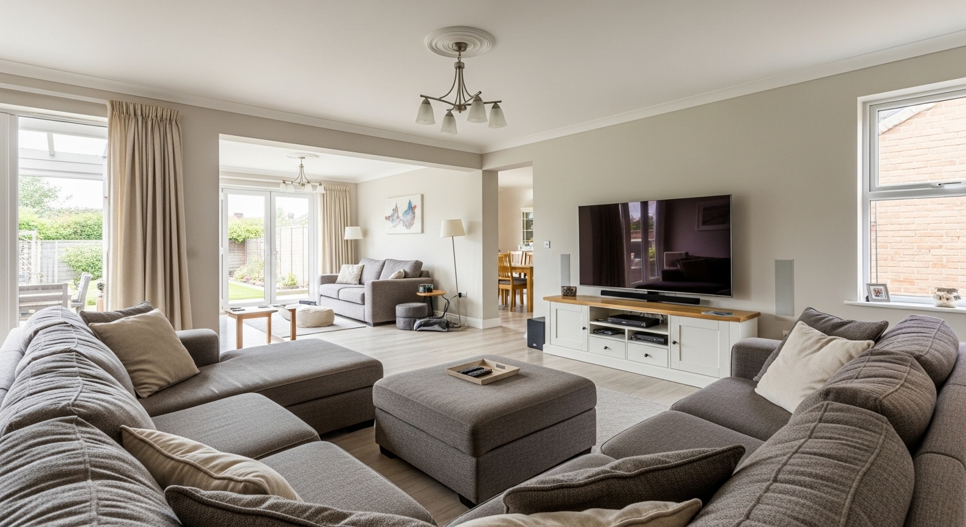 Large living room with sectional seating and a swivel TV for multiple viewing angles