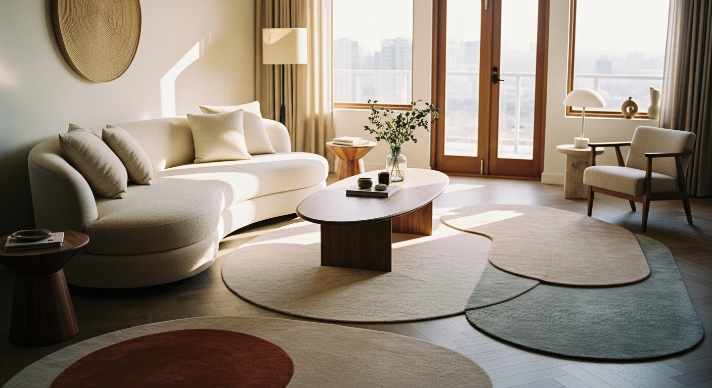 Long living room with curved furniture and circular elements to create flow and reduce rigid visual lines.