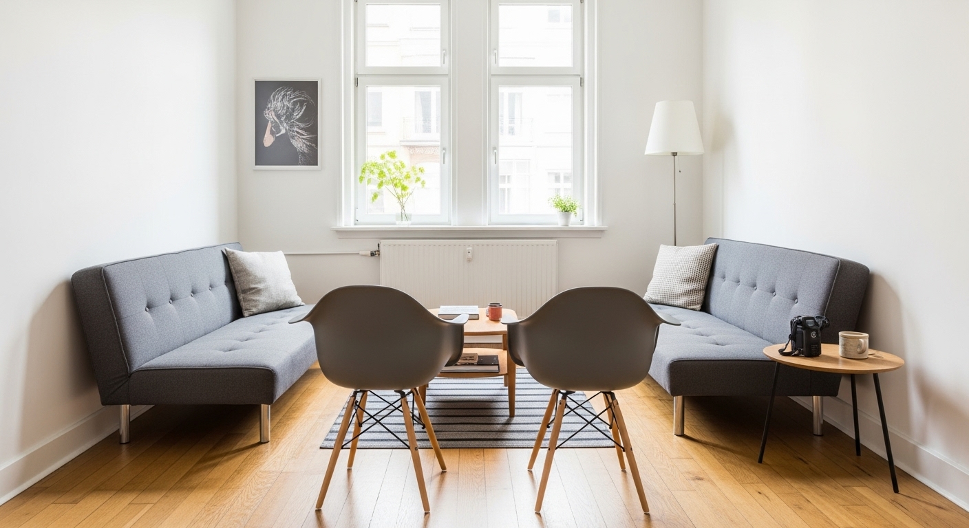 A narrow living room with slim sofas and chairs with exposed legs to create openness.

