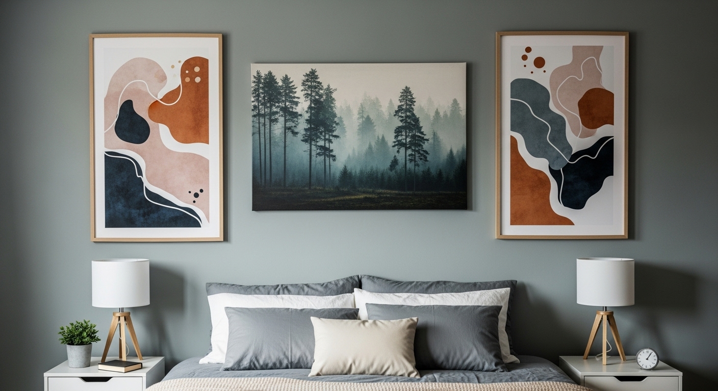 Abstract and nature-inspired wall art above a neatly made bed, adding a personal and tranquil vibe to the bedroom.