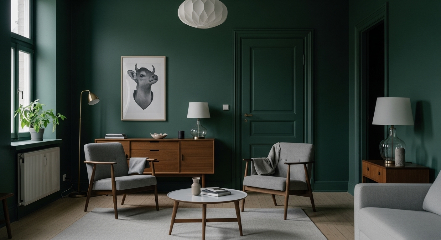 Room featuring dark green painted walls that enhance character and provide a bold aesthetic.