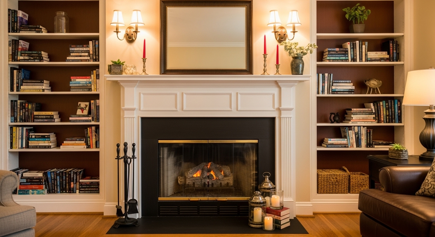 Built-in bookshelves filled with books surrounding a fireplace for a warm library ambiance