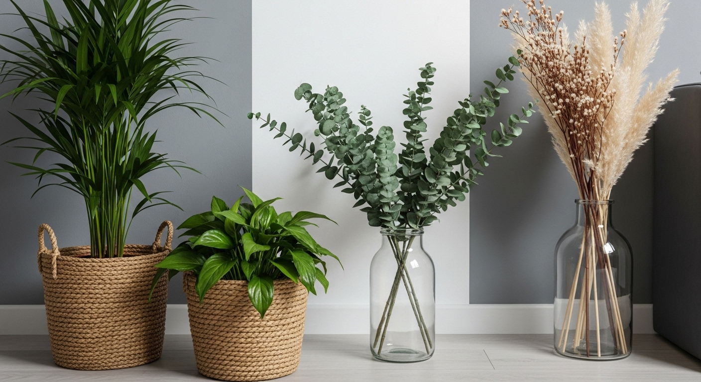 Fresh plants and floral arrangements add life and nature to a grey rustic farmhouse living room, creating a vibrant contrast.
