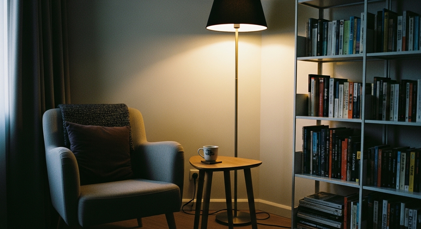 A cozy reading nook with a comfortable armchair, wooden side table, floor lamp, and built-in bookshelf — perfect for relaxing at home