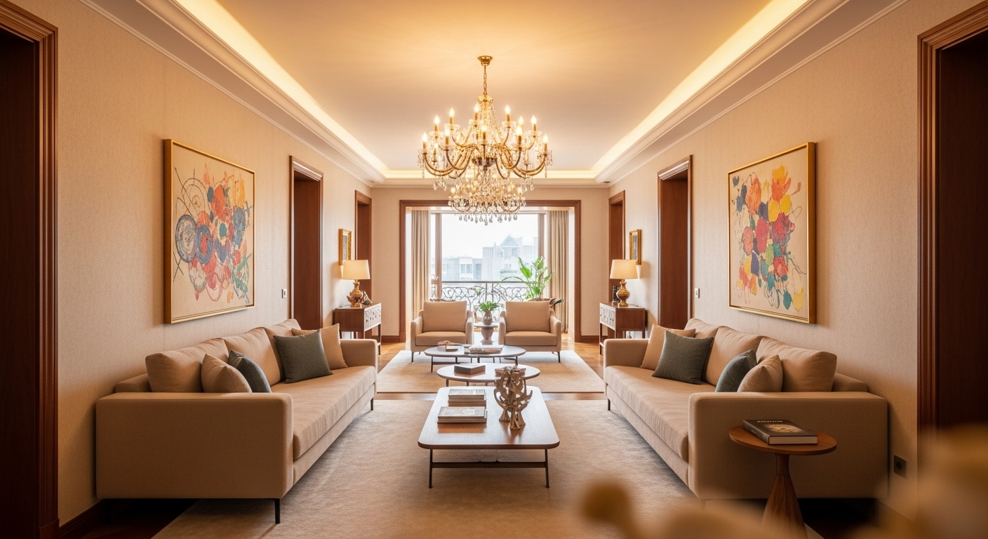 Living room furniture arranged away from walls to create balanced central layout.