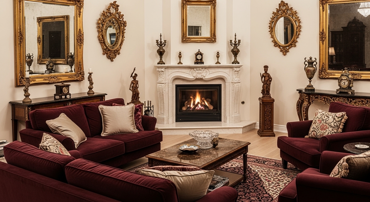 Marble corner fireplace adding elegance and luxury to a sophisticated living room