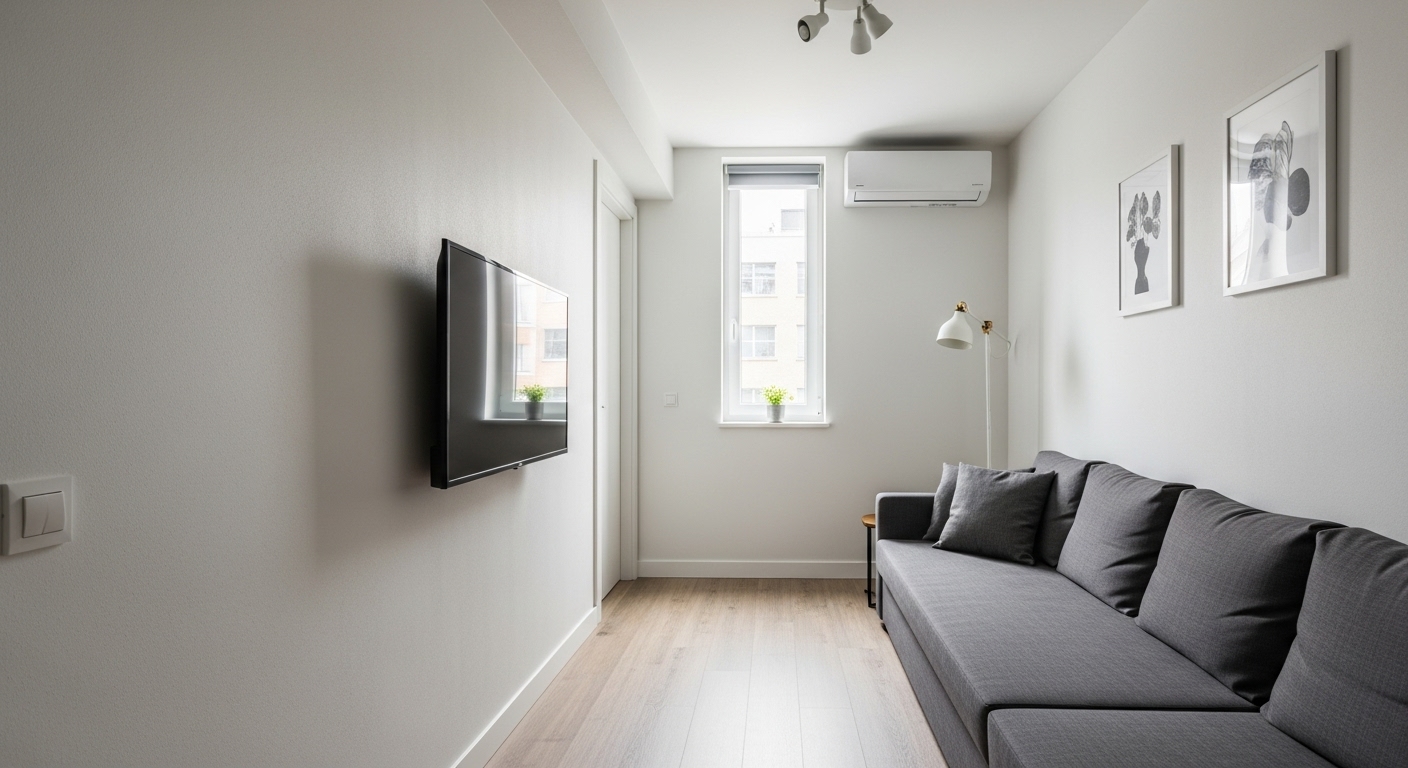 Long and narrow living room with a wall-mounted TV on the short wall and balanced furniture placemen