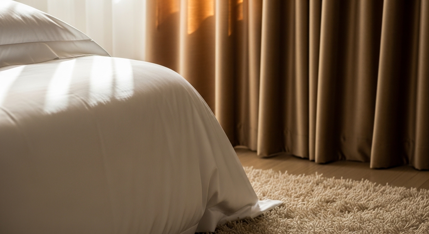 Silk bedding, velvet curtains, and a plush rug in a luxury dream bedroom setup