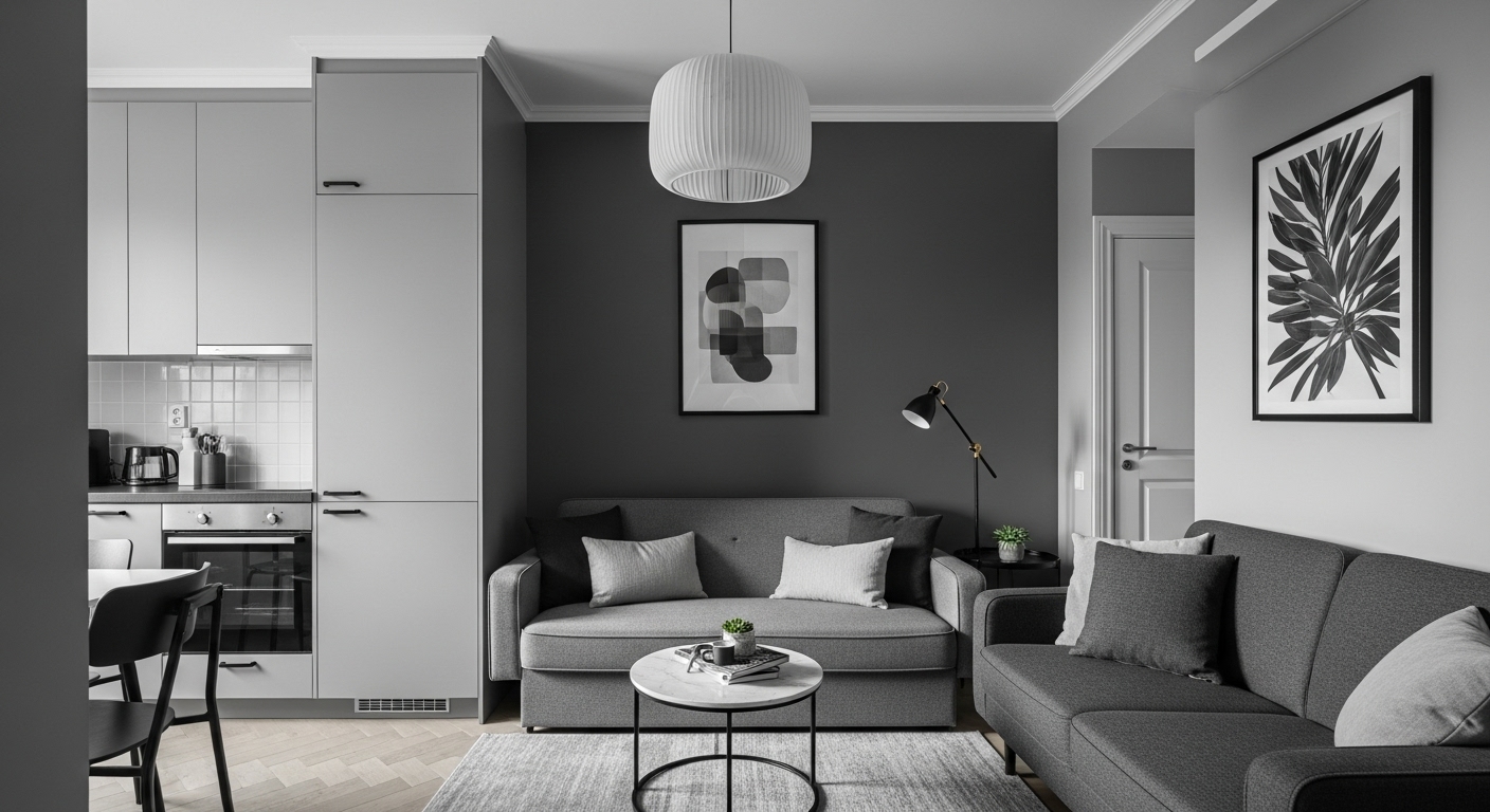 Small space interior with monochromatic color scheme in various tones of gray for a unified and spacious feel