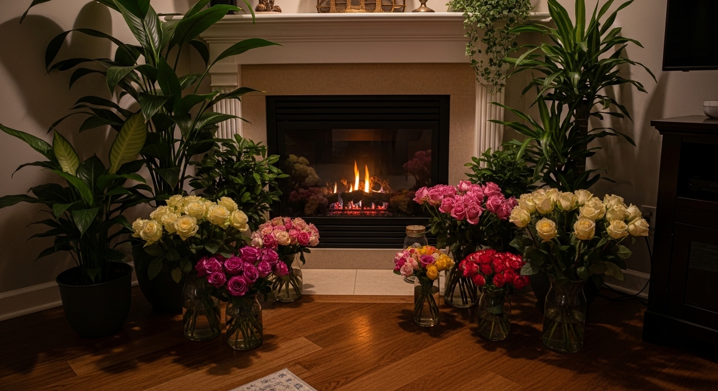 Houseplants and floral arrangements placed around a corner fireplace to brighten the space