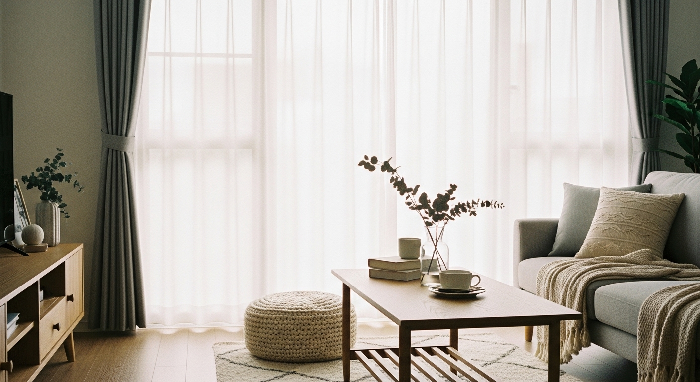 Elegant living room with sheer curtains filtering sunlight to prevent fabric fading