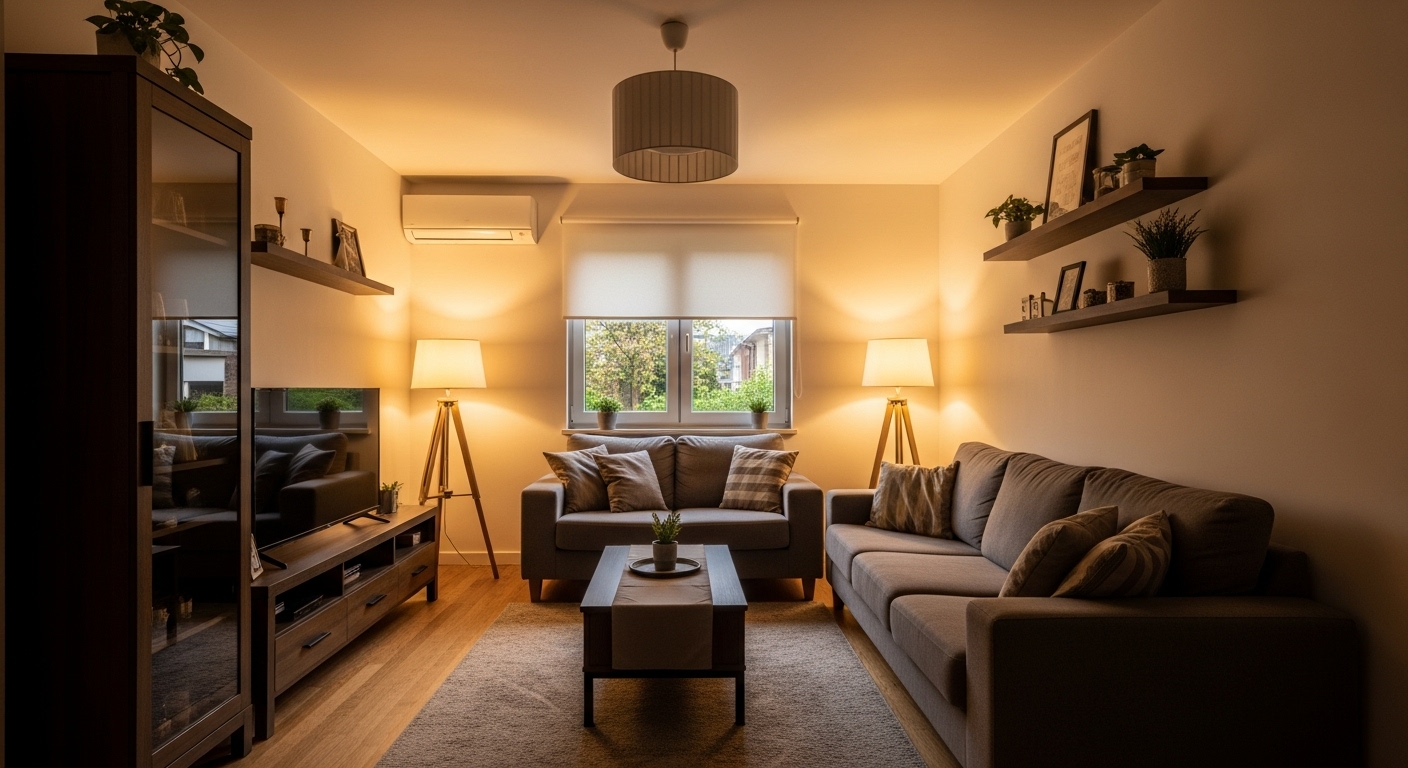  Cozy living room with overhead, task, and accent lighting for warmth and depth.
