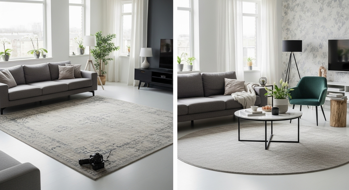 A mid-season styled living room with a medium-pile rug in soft tones, perfect for spring and fall transitions.