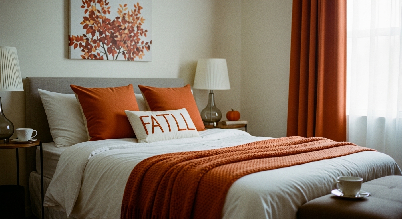 Stylish bedroom with seasonal decorative updates like throw pillows, bedding, and curtains reflecting autumn tones
