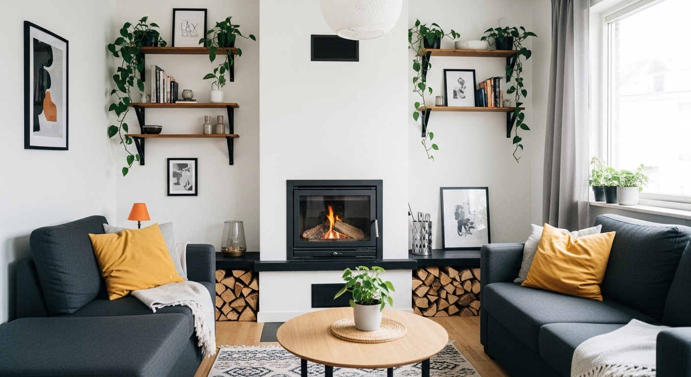 A cozy small living room with a stylish corner fireplace, leaving wall space open for shelves and decor, showcasing smart space-saving interior design.