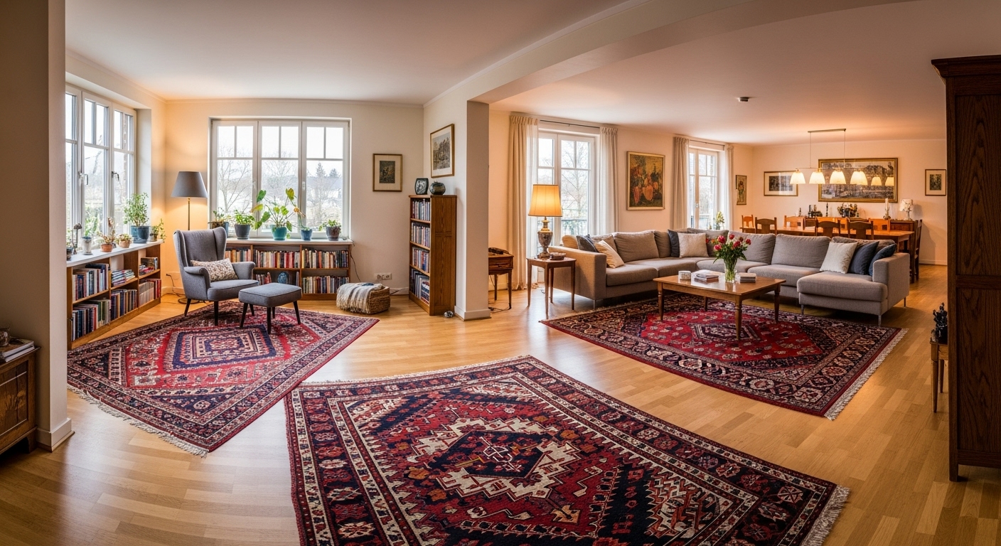 Contemporary living space featuring layered rugs—a dark base rug, a large neutral rug, and a small patterned mat on top