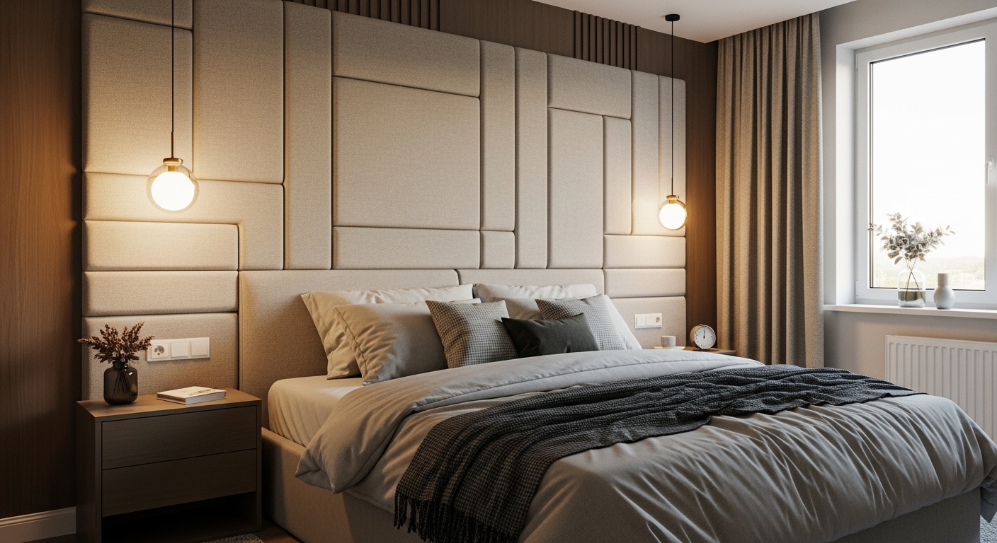 Modern master bedroom featuring a full wall upholstered in soft fabric panels, adding warmth and texture