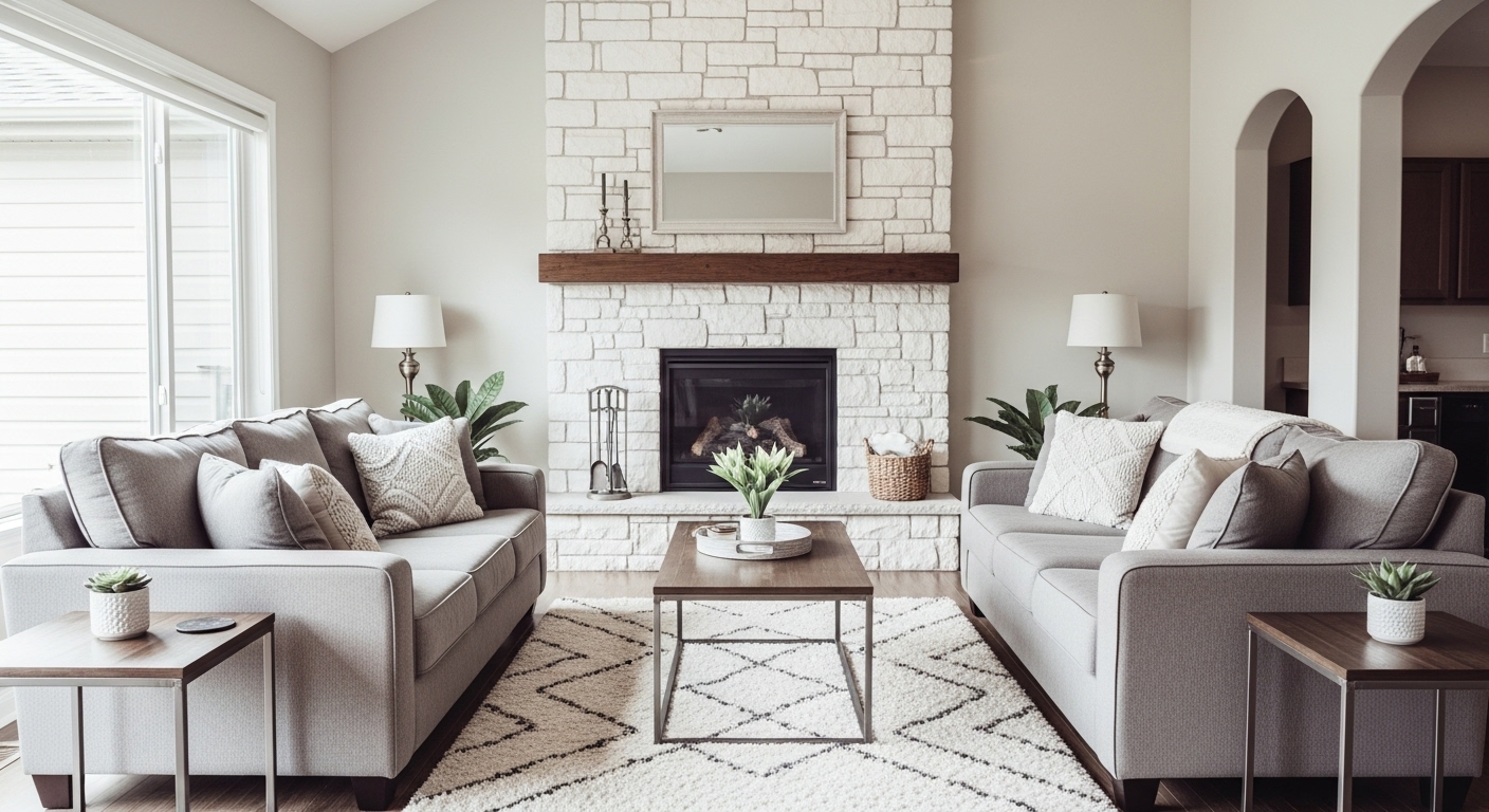 Well-decorated living room featuring a grand fireplace and centered furniture layout