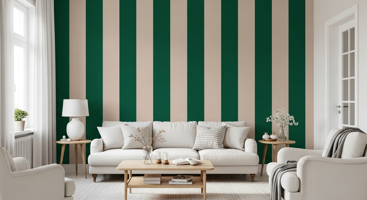 Living room with two-color striped walls that add height and visual interest.

