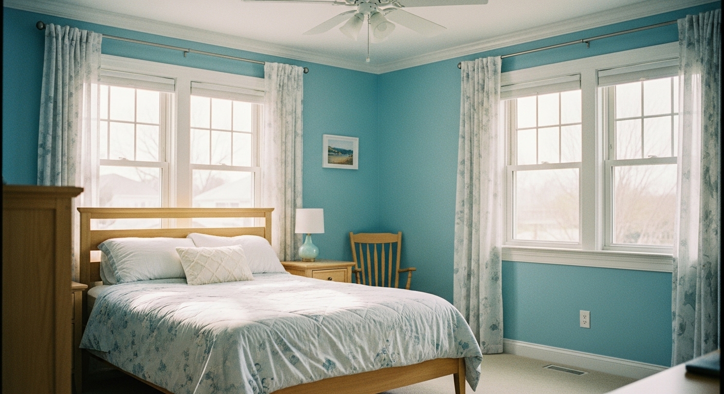 Bright master bedroom with a light blue accent wall bordered by white trim, enhancing the open space feel